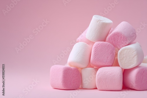 A close-up shot of a pile of pink and white marshmallows against a pink background. The marshmallows are soft and fluffy, creating a visually appealing and slightly messy arrangement