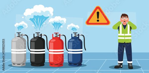 Factory worker receives safety training on how to respond to hazardous gas leaks during emergency situations in industrial environments isometric cartoon