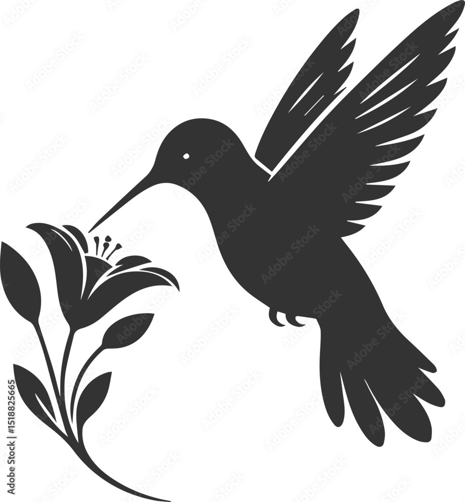 Fototapeta premium Flying hummingbird vector silhouette with flower