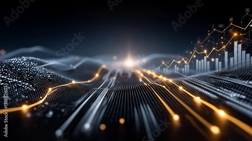 Digital Financial Landscape: Dynamic abstract visualization of financial data, intricate lines, data stream with rising chart, illuminated by bright light, conveying growth, progress.