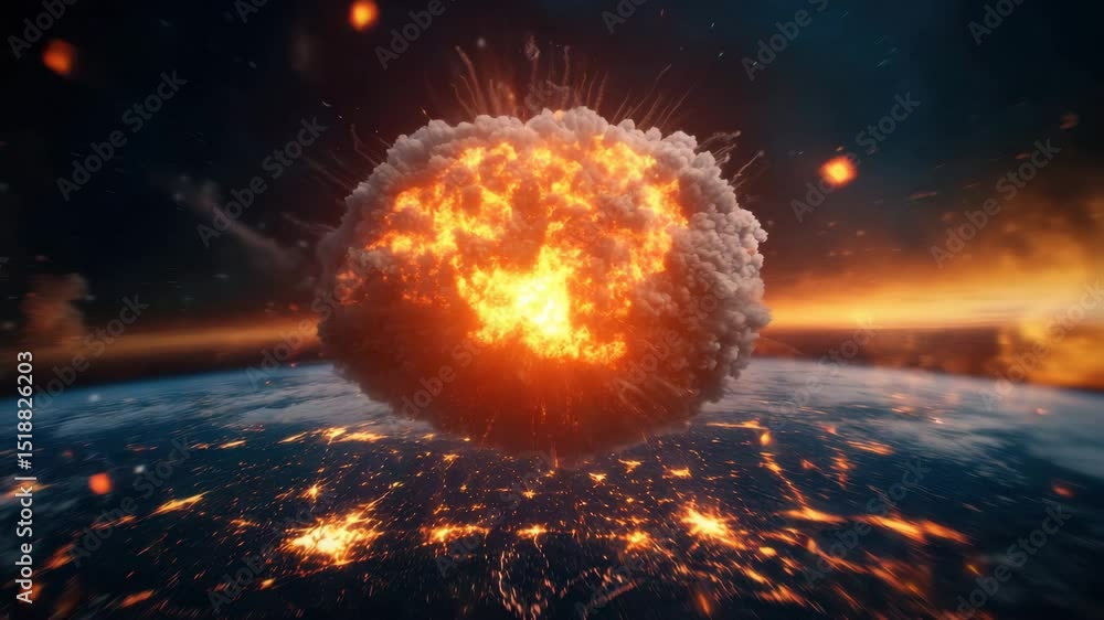 Nuclear explosion fireball mushroom cloud earth space destruction bright glowing smoke blast intense fiery impact atmosphere disaster energy heat orange red dark glowing light explosion planet fiery