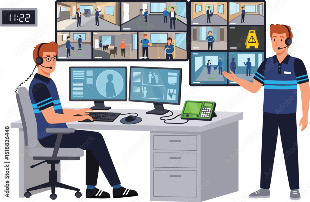 City surveillance control room with two security officers monitoring multiple CCTV feeds for urban safety and crime prevention City surveillance control room with two security officers monitoring multiple CCTV feeds for urban safety and crime prevention