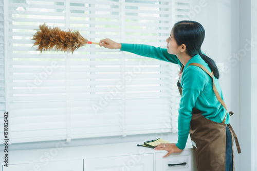 Asian housewife, dressed in a green sweater and brown apron, uses a feather duster to clean white blinds by the window. Her attentive dusting helps keep the home fresh and allergen-free.