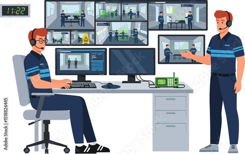 City surveillance control room with two security officers monitoring multiple CCTV feeds for urban safety and crime prevention