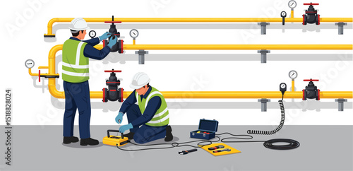Two professional technicians installing industrial yellow gas pipeline system using specialized tools and safety equipment inside a controlled facility environment