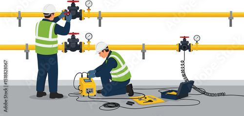 Two professional technicians installing industrial yellow gas pipeline system using specialized tools and safety equipment inside a controlled facility environment