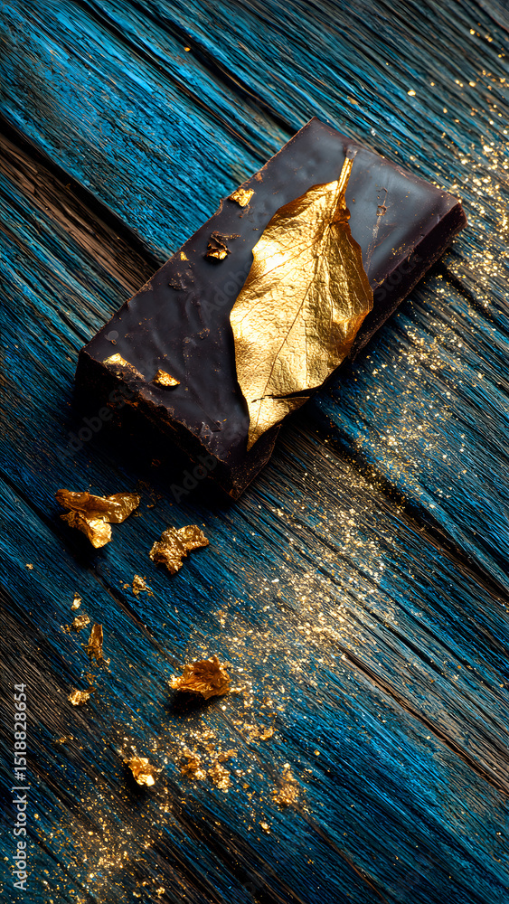 Gourmet dark chocolate bar topped with edible gold leaf on a textured blue surface. Gourmet dark chocolate bar topped with edible gold leaf on a textured blue surface.
