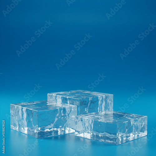 Crystal Clear Ice Cubes on Blue Background