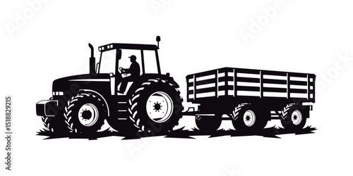 Farm Tractor with Trailer Silhouette.
