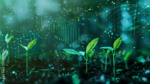 Financial growth in sustainability, with young seedlings emerging from soil, overlaid with green financial data graphs symbolizing the rise of ESG investments and ecological progress. 