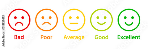Feedback emoticons. Bad, poor, average, good and excellent rating emoji icon set