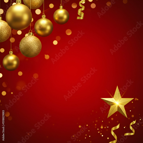 Ornate christmas background with golden ornaments, star, ribbons, and bokeh on a red backdrop