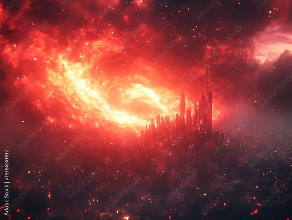 Fototapeta premium Metropolis engulfed in fiery skies, an apocalypse or cosmic event