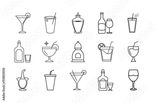 Cocktail and Drink Glass Line Icon Set
