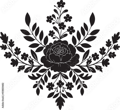 Elegant black and white floral design with a prominent rose. Ideal for decorative motifs and floral stencil art. Suitable for intricate patterns and ornamental prints.