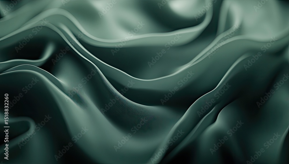 Obraz premium Close-up view of deep teal, draped, wavy fabric. Fluid, smooth, folds cascade. Textured surface