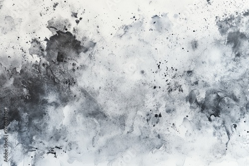 Abstract grayscale ink wash.  A textured surface with mottled gray and white ink splatter and washes