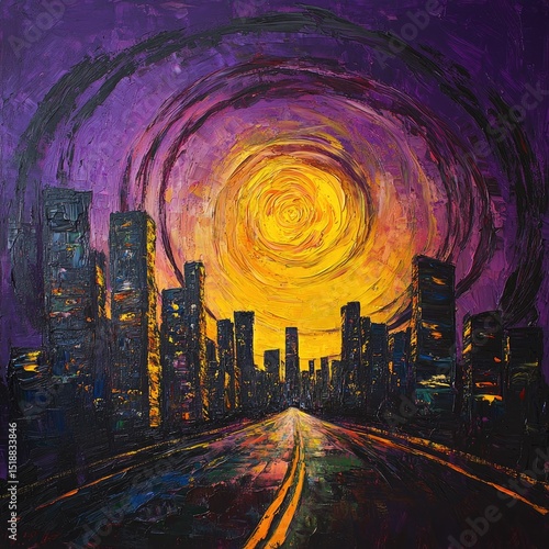 Abstract cityscape at sunset.  A vibrant, textured painting of a city street stretching into the distance. 