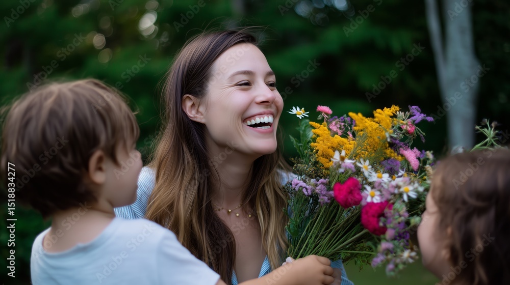 Fototapeta premium Smiling woman enjoys flowers picked by children in a sunny outdoor setting