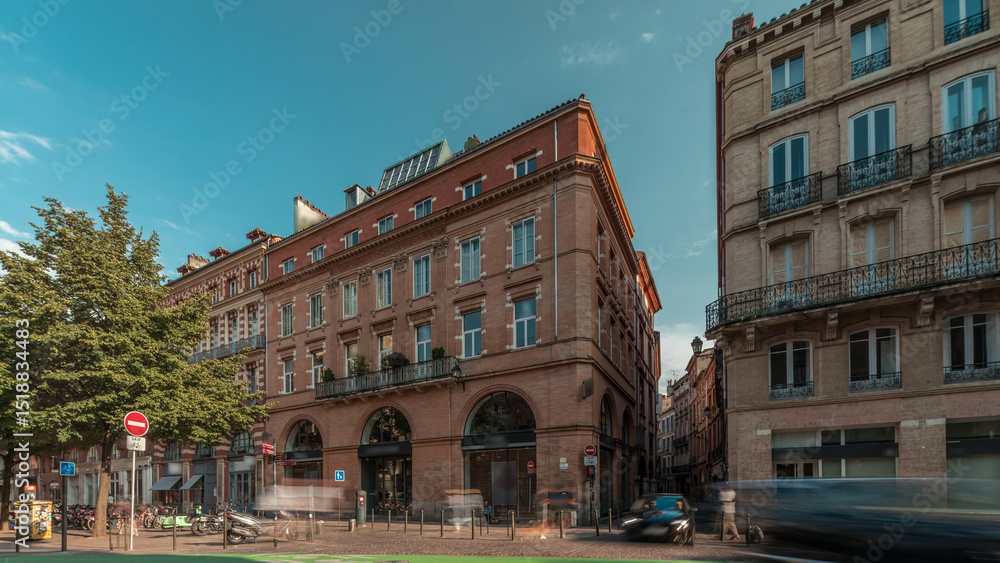 Naklejka premium Panorama showing Rue de Metz timelapse in Toulouse, Occitanie, France, with historic facades