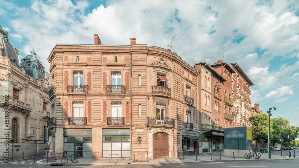 Obraz premium Panorama showing historic brick facades at Rue du Languedoc and Theodore Ozenne intersection timelapse in Toulouse, France.