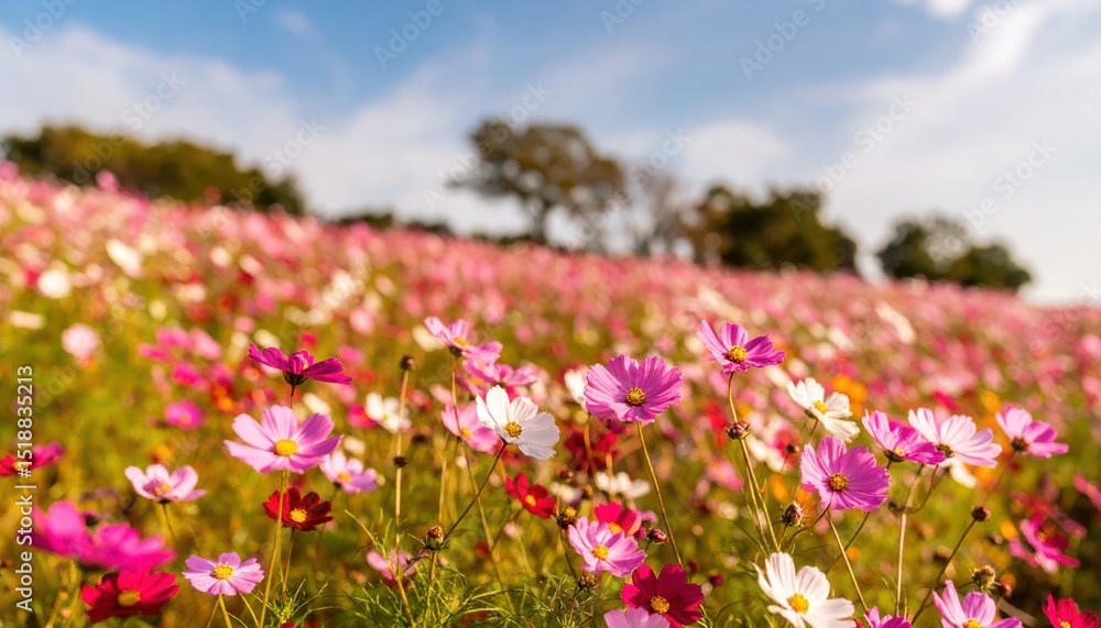 Fototapeta premium Cosmos Flower Field: A vibrant field of cosmos flowers in various shades of pink, white, and red, stretching to the horizon under a clear blue sky.