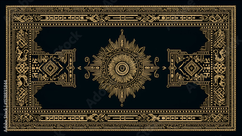 Luxury Ornate Black and Gold Background: Elegant Vintage Symmetrical Textile Design with Antique Baroque Floral Patterns