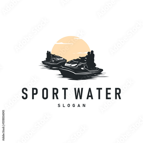 water sport jet ski logo design extreme ocean sport with simple concept black silhouette and vintage retro water racing illustration template symbol