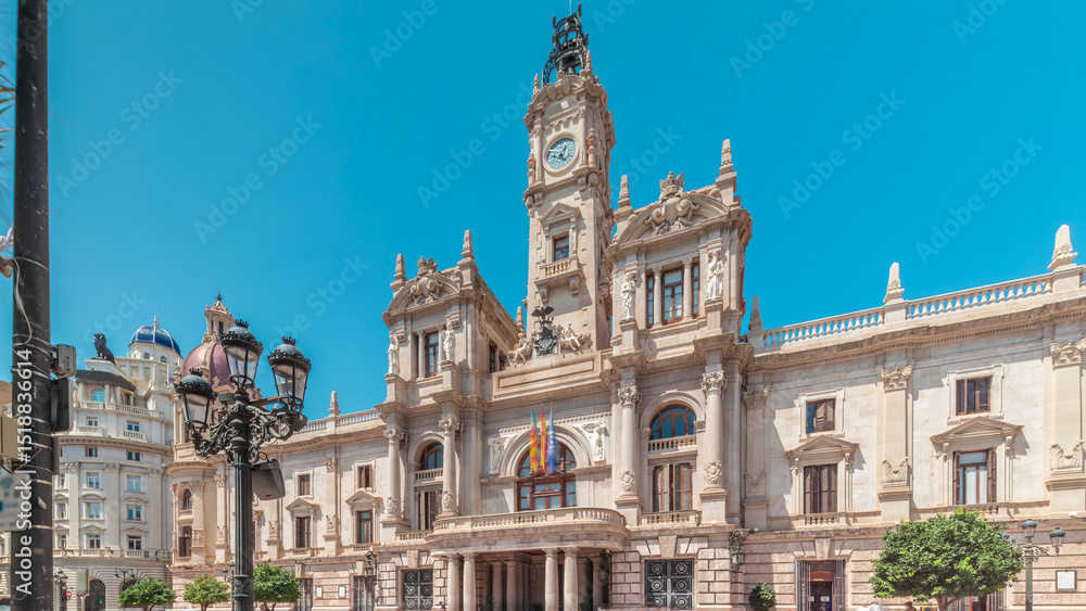 Fototapeta premium Valencia City Hall or Ajuntament de Valencia timelapse hyperlapse in Plaza de Ayuntamiento. Spain