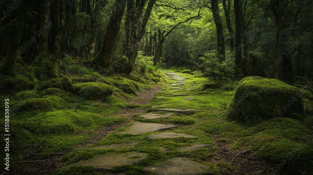 Obraz premium Enchanted Forest Path: A Journey Through Mossy Green