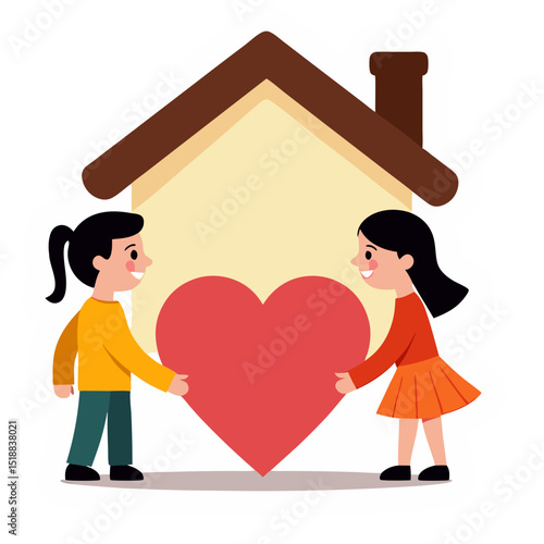 Illustration of two people holding a heart in front of a house symbolizing love