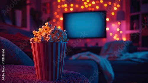 Popcorn, movie night, living room, TV, cozy