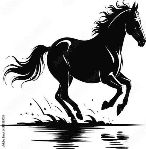 majestic black stallion galloping gracefully across water artistic silhouette design