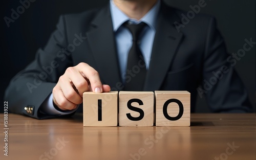 Businessman place the wooden cubes with ISO standards quality control concept, assurance warranty in dark background. High quality