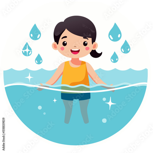 Illustration of a happy girl in water about to doing aqua aerobics, with water drops