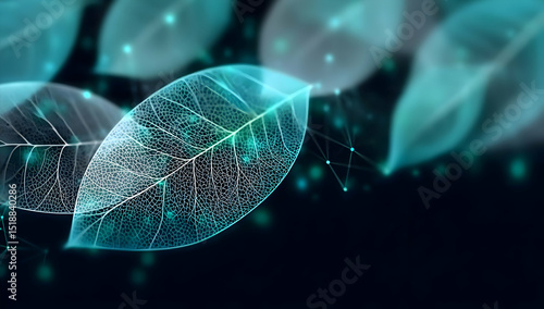 A vibrant digital illustration of translucent leaves, showcasing intricate patterns and glowing accents against a dark background.