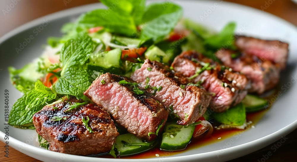 Juicy, grilled steak slices served on a fresh vegetable salad with herbs and dressing, perfect for a gourmet meal. Juicy, grilled steak slices served on a fresh vegetable salad with herbs and dressing, perfect for a gourmet meal.