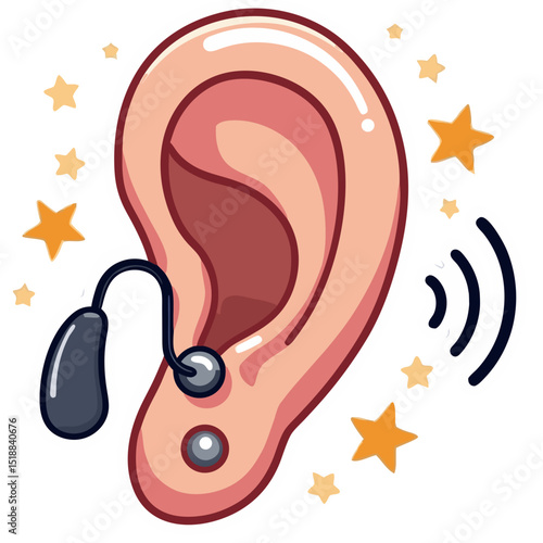 Illustration of an ear with hearing aid depicting auditory health and medical devices