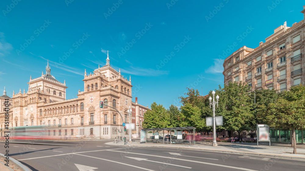 Fototapeta premium Cavalry Academy timelapse panorama in Plaza de Zorrilla, Valladolid, Spain