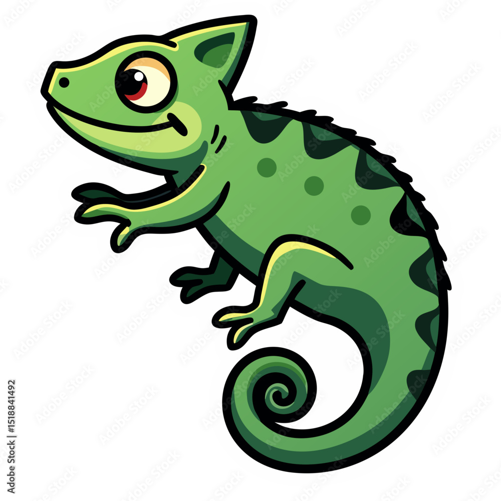 Cartoon Illustration of a Green Chameleon Against Black Background Sticker Style Cartoon Illustration of a Green Chameleon Against Black Background Sticker Style