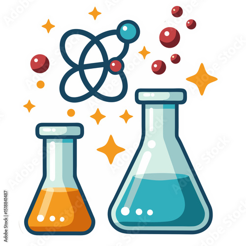 Illustration of scientific beakers, atom model, and star elements representing science