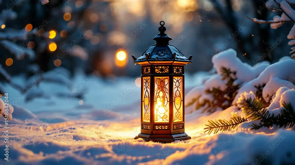 Illuminated Lantern with Intricate Patterns in a Winter Snowscape Scene with Golden Bokeh Lights and Festive Christmas Decoration at Cozy and Magical Night Time Outdoor Illuminated Lantern with Intricate Patterns in a Winter Snowscape Scene with Golden Bokeh Lights and Festive Christmas Decoration at Cozy and Magical Night Time Outdoor