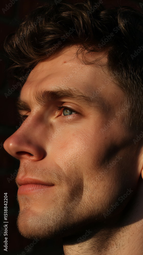 Obraz premium Close-Up Portrait of Handsome Young Man in Natural Light – High Contrast Outdoor Headshot with Unique Emotional Expression