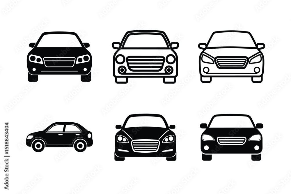Car Front View Silhouette and Outline Icon Set Car Front View Silhouette and Outline Icon Set