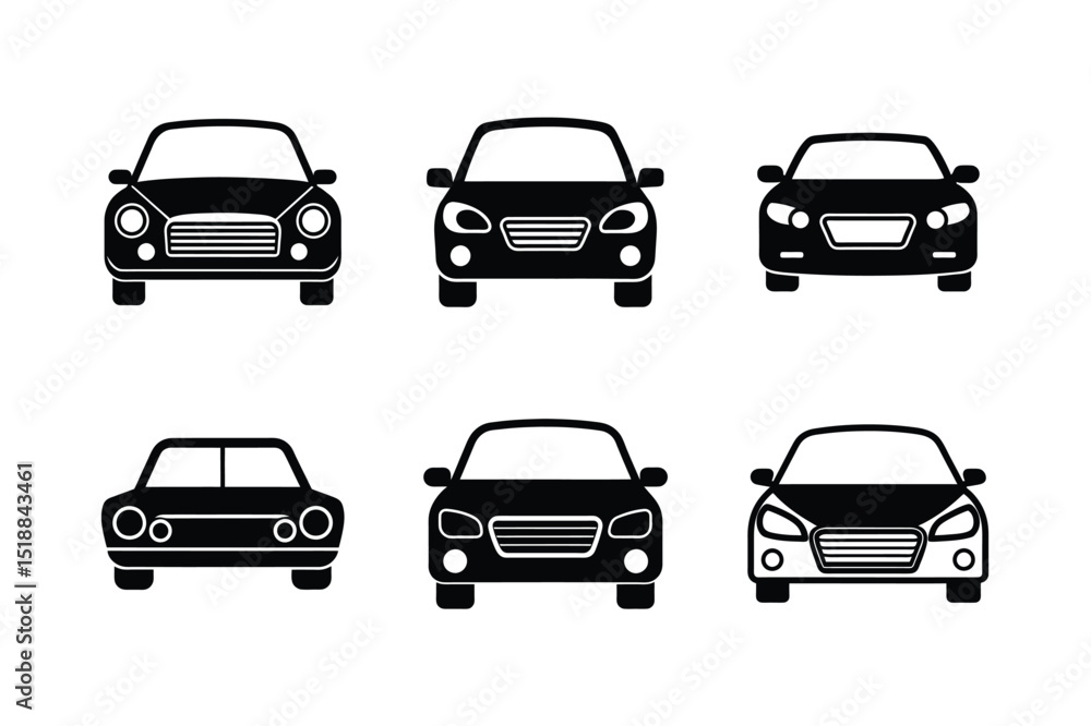 Car Front View Silhouette and Outline Icon Set Car Front View Silhouette and Outline Icon Set