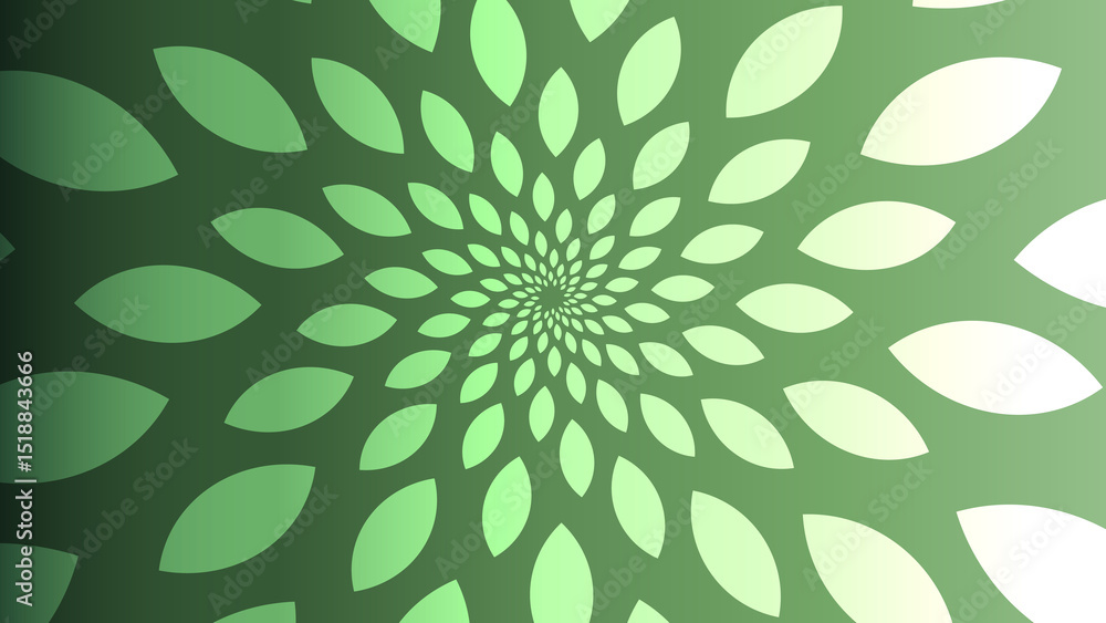 Abstract green floral pattern with leaf shapes radiating from the center in a circular design Abstract green floral pattern with leaf shapes radiating from the center in a circular design