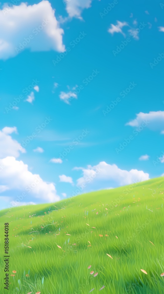 Obraz premium Blue sky white cloud green grass landscape illustration poster background