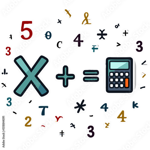 Illustration of mathematical symbols with numbers, calculator, and arithmetic operations on black background
