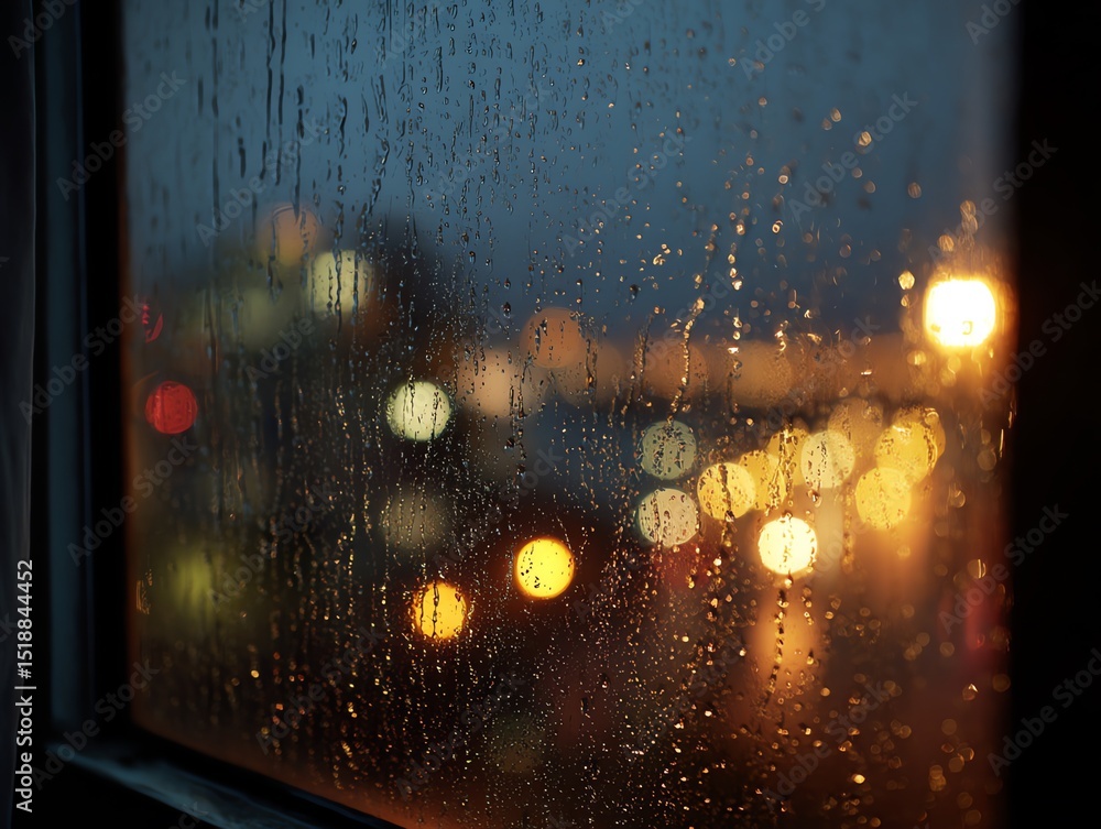Fototapeta premium Rainy window with blurred city lights at night