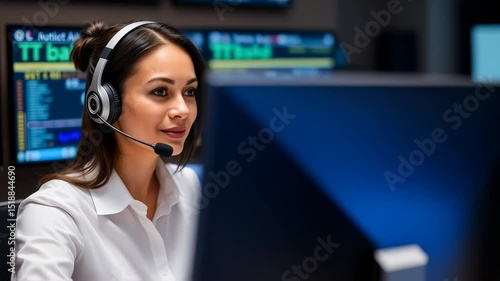 Confident woman wearing headset working with financial data on computers